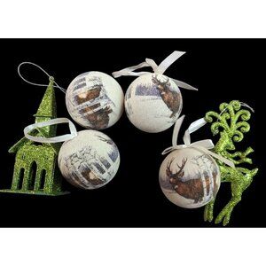 Christams‎ ornament lot  deer church  green white  glitter sparkle